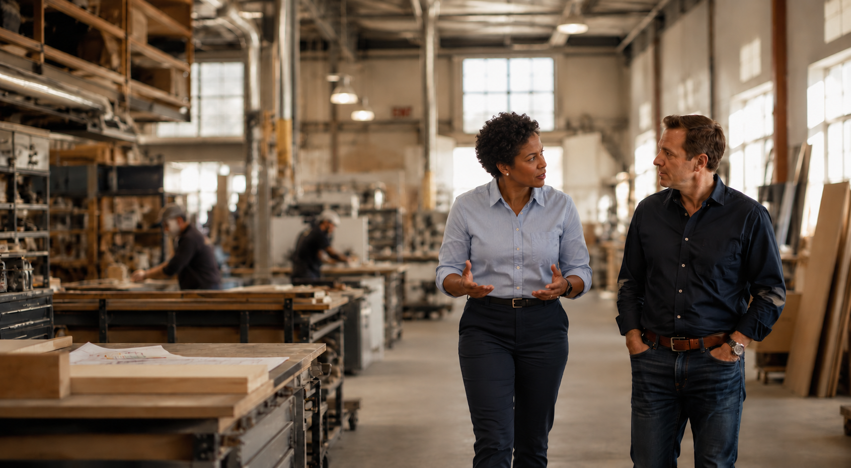 Two business owners walking their shop floor in conversation